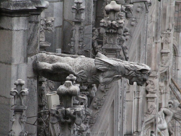 IMG_1968.JPG - Gargoyle, has very functional part of the architecture of the Duomo.   In history these creatures were used as water spouts or rain gutters.  There's lots of folklore around the use of Gargoyles in architecture but I find them quite interesting to perpetually hang over the side of the building... and never fall.   The word Gargoyle has a connection to the word Throat, ... hence the word Gargle.    There you have it!   All the words are connected to the Greek!